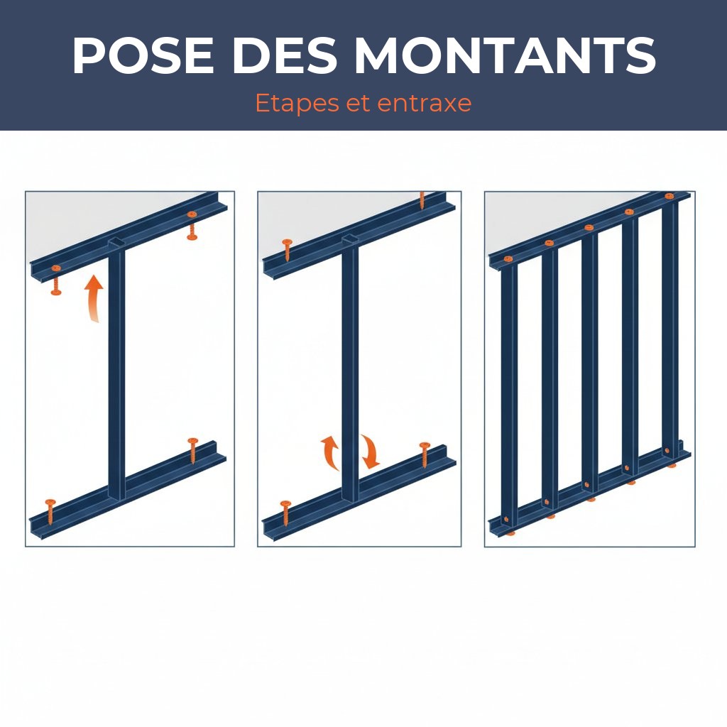 Montant placo - étapes de pose des montants dans les rails