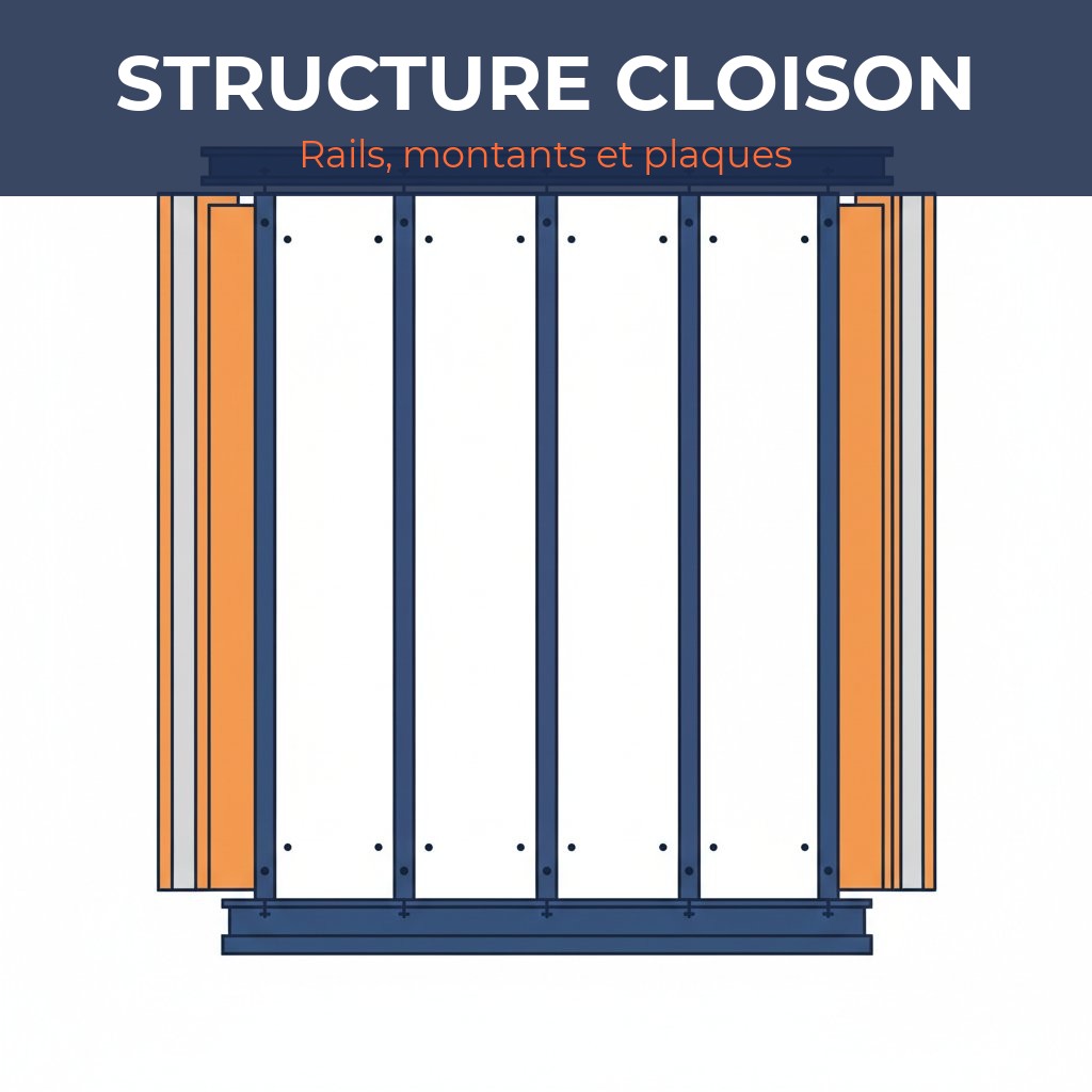 Montant placo - structure complète d'une cloison avec rails et plaques