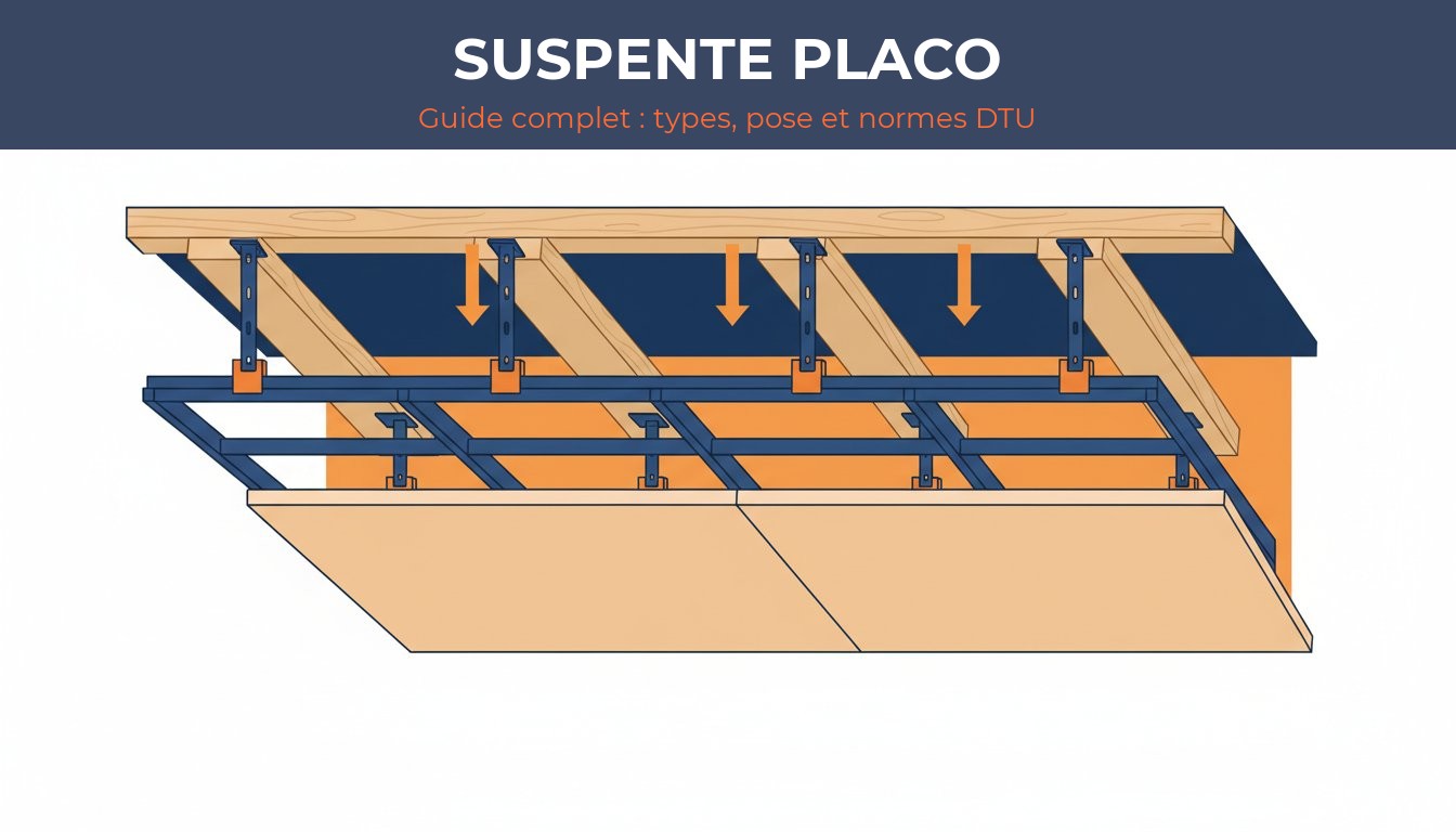 Suspente placo - schéma technique plafond suspendu avec suspentes et fourrures