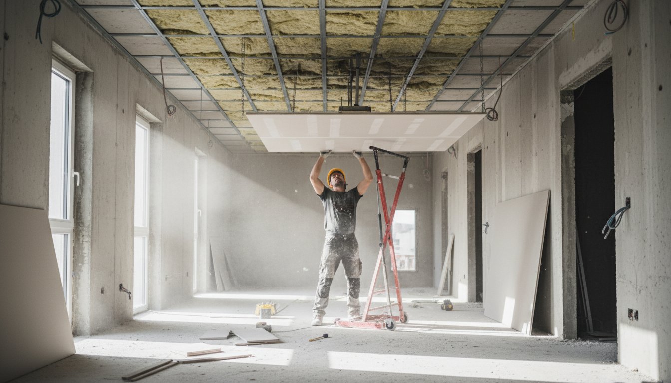 Faux plafond comment faire - plaquiste posant des plaques BA13 sur ossature métallique