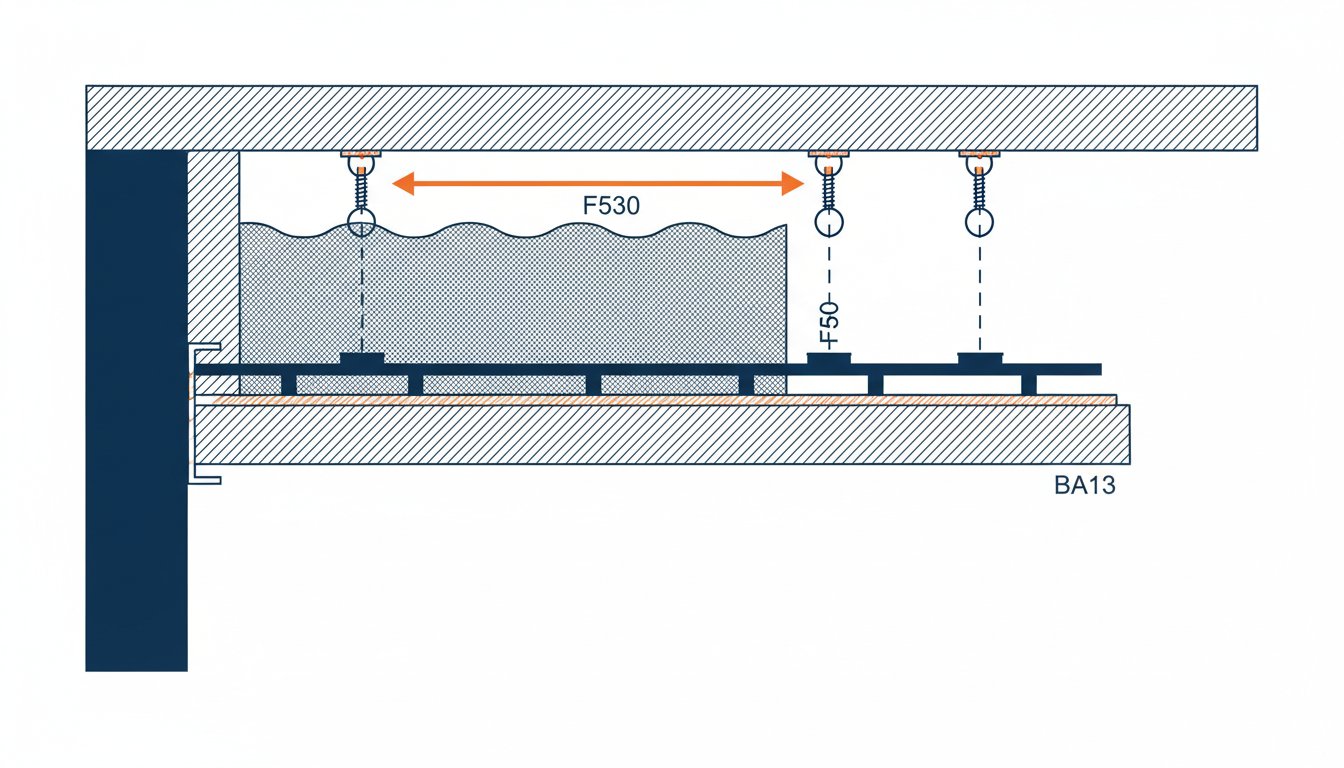 Faux plafond comment faire - schéma technique d'une ossature suspendue DTU 25.41