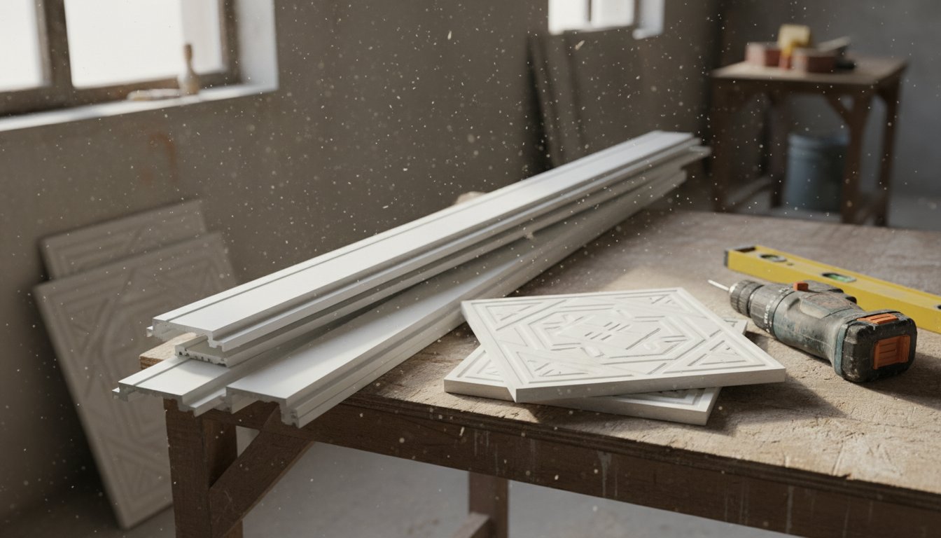 Faux plafond en PVC - stock de lambris et dalles PVC sur chantier