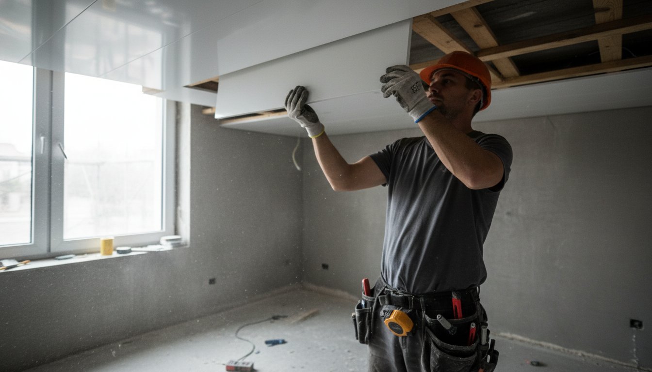 Faux plafond en PVC - pose de lambris sur ossature bois dans une salle de bain