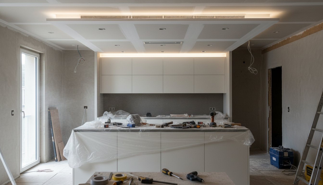 Faux plafond pour cuisine - cuisine moderne avec plafond suspendu et spots LED intégrés