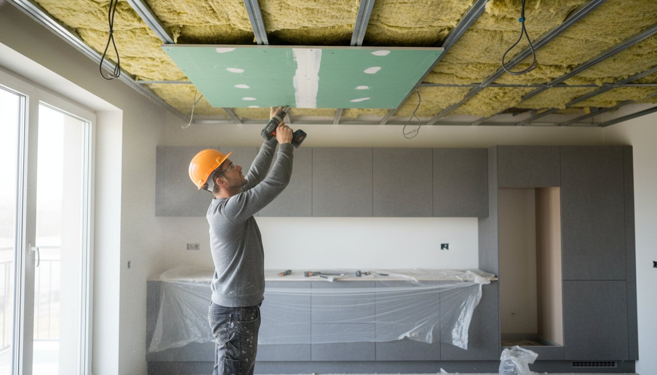 Faux plafond pour cuisine - pose des plaques hydrofuges BA13 sur ossature métallique