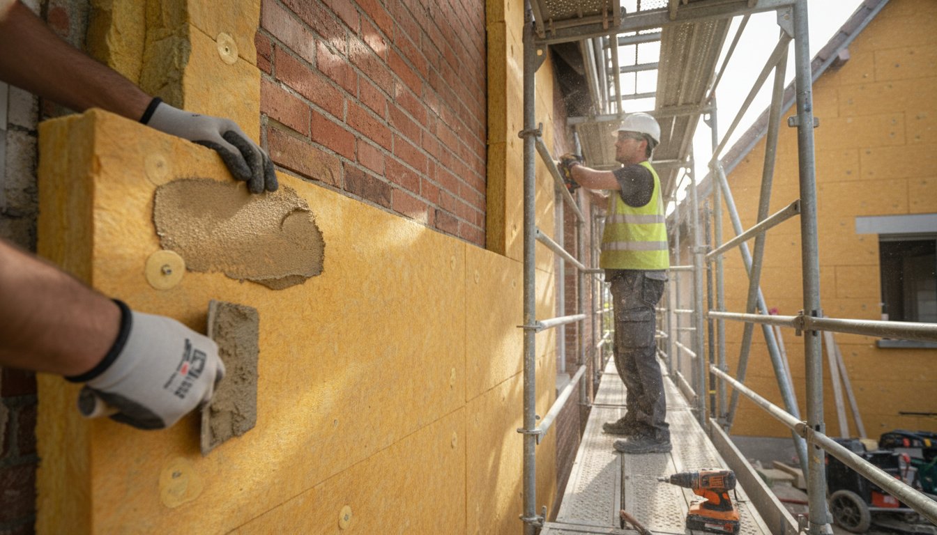 Isolation maison par l'extérieur - chantier ITE avec pose de panneaux isolants sur échafaudage