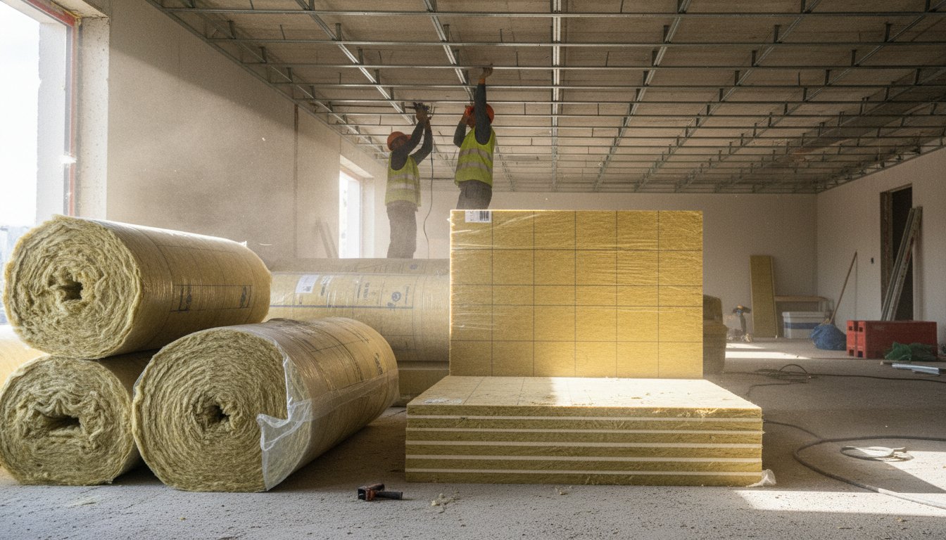 Isolation pour faux plafond - rouleaux de laine minérale et panneaux sur chantier