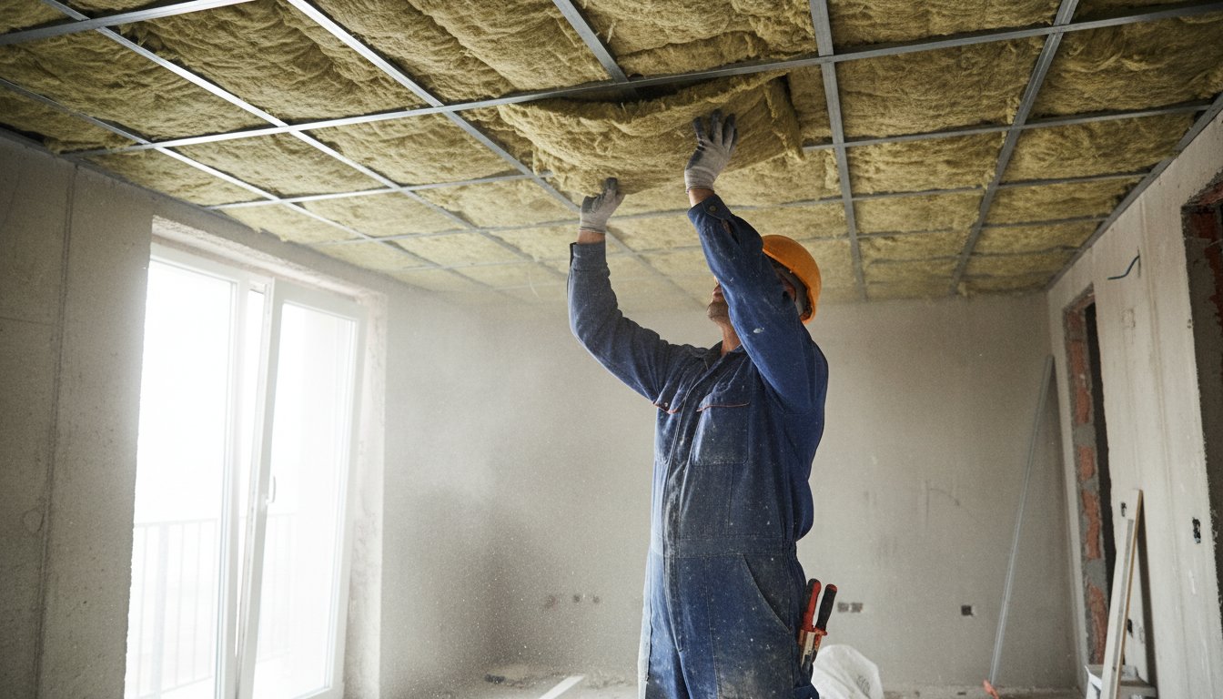 Isolation pour faux plafond - pose de laine minérale en plénum sur ossature métallique