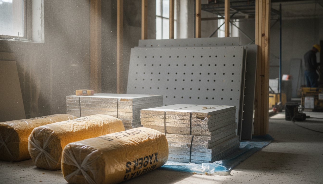 Isoler un faux plafond - rouleaux de laine minérale et plaques de plâtre acoustiques sur chantier