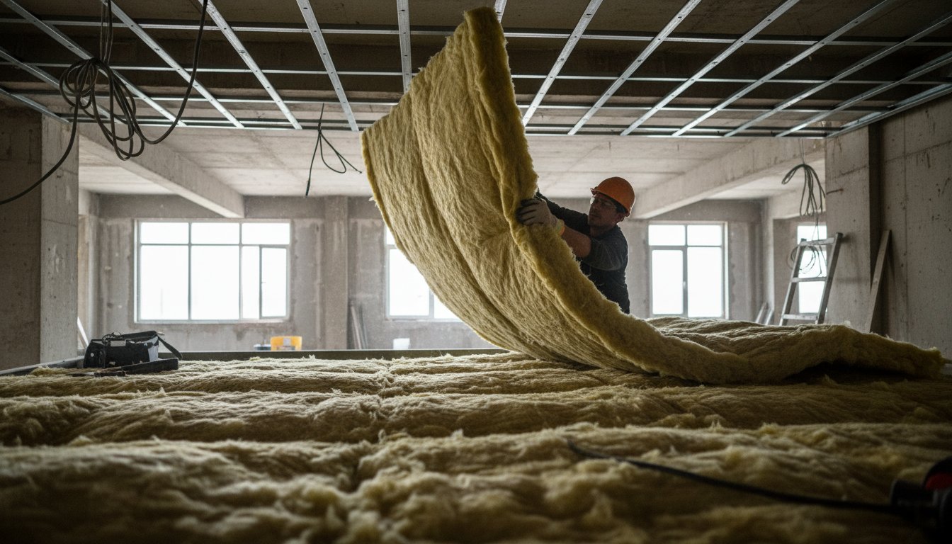 Isoler un faux plafond - pose de laine minérale dans le plénum sur ossature métallique