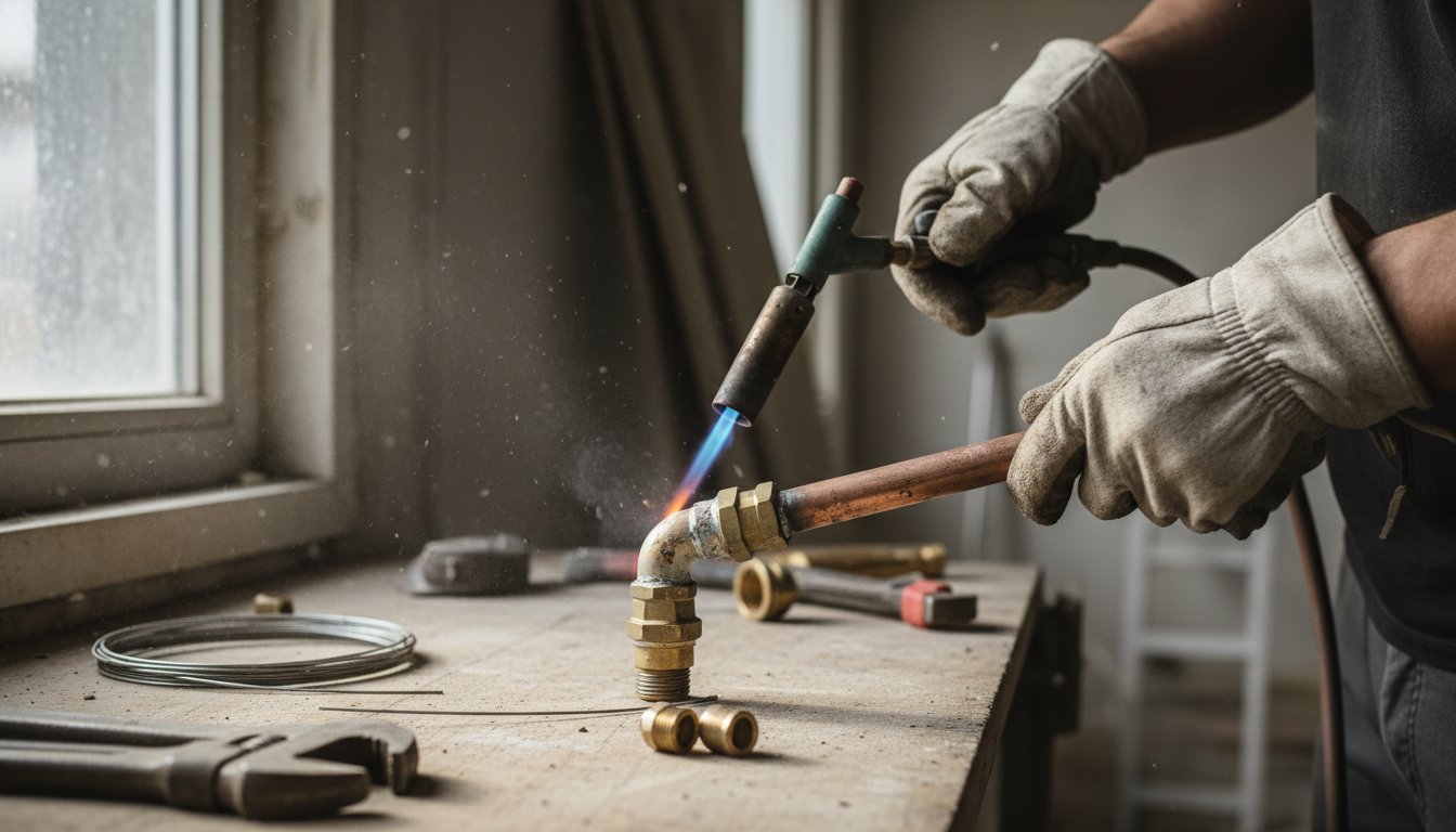 Plomberie chauffage salaire - soudure de tuyaux en cuivre sur chantier