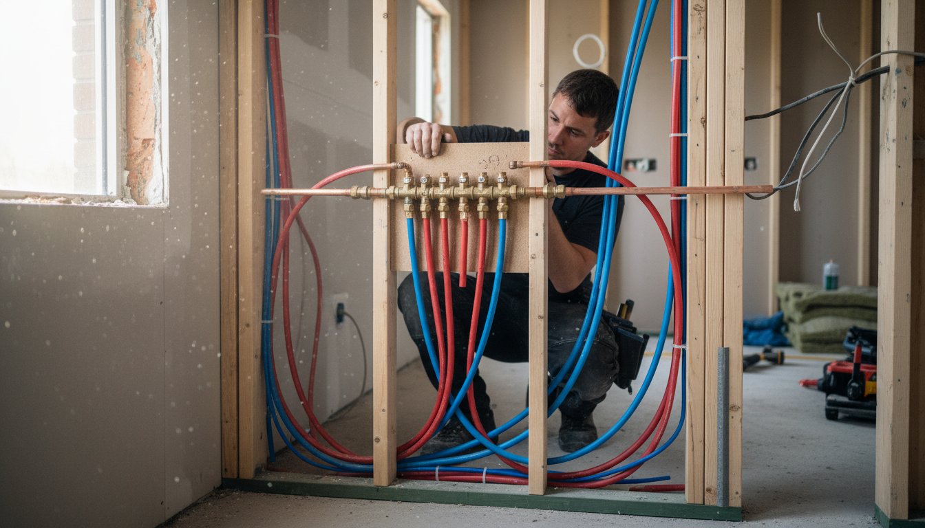 sanitaire et plomberie - plombier posant des tuyaux PER sur chantier