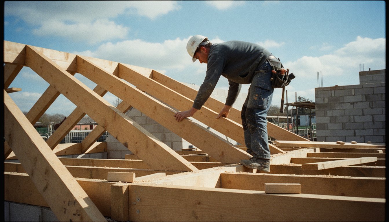 Charpente toiture 1 pente - charpentier en pose sur chantier