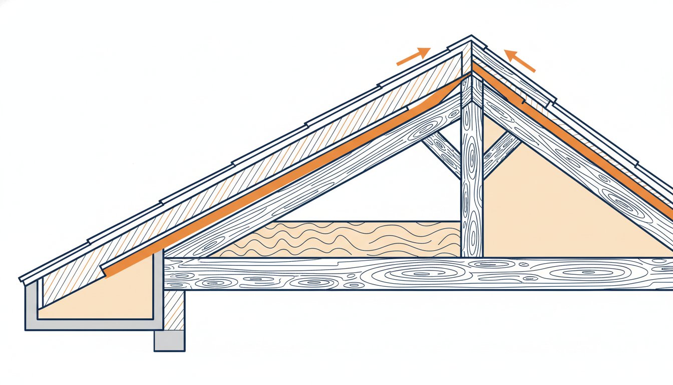 Charpente toiture bac acier - schéma de coupe d'une structure bois supportant des bacs acier