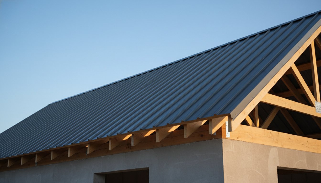 Charpente toiture bac acier - vue d'une couverture moderne en bac acier sur charpente bois