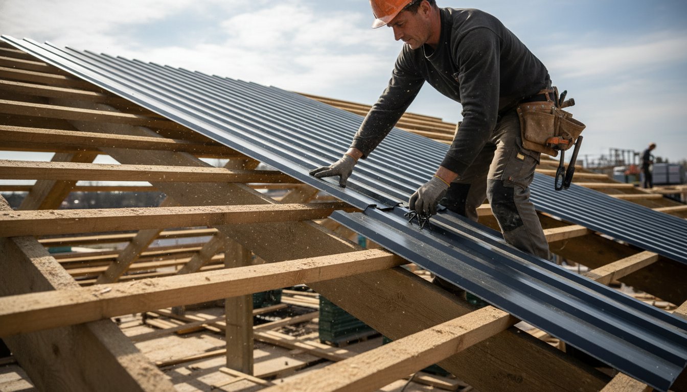 Charpente toiture bac acier - charpentier installant des panneaux bac acier sur la structure