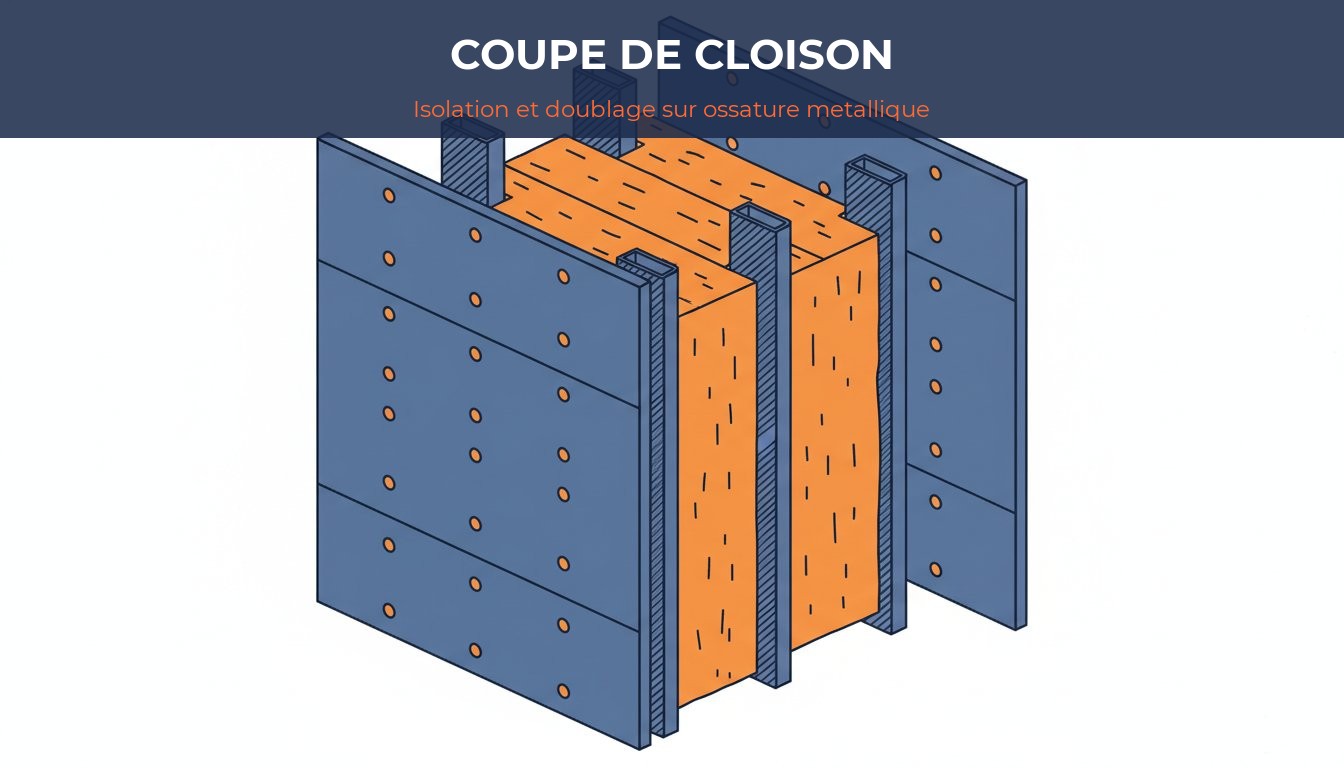 Ossature metallique placo - coupe de cloison avec isolation entre montants et plaques BA13