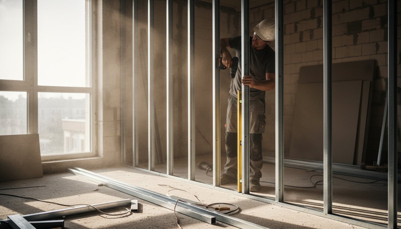 Ossature metallique placo - pose des montants metalliques sur chantier de renovation