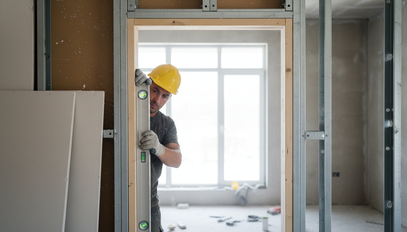 Porte dans cloison placo - ouvrier ajustant le bloc-porte dans l'ossature métallique