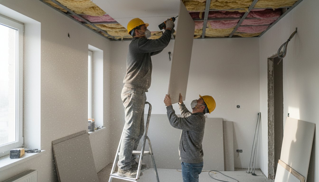 Pose faux plafond placo - ouvrier vissant une plaque de plâtre sur ossature métallique