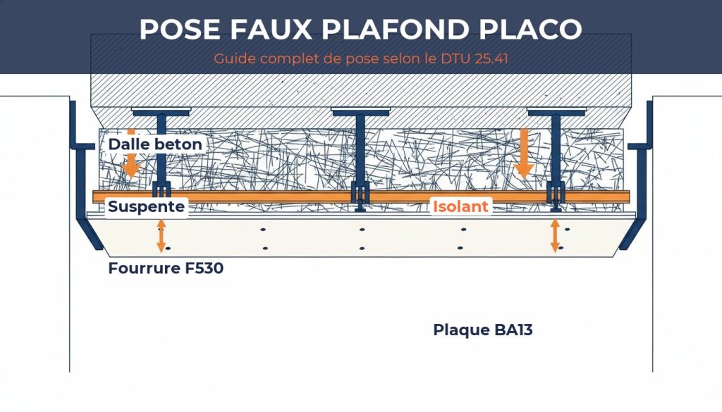 Pose faux plafond placo - coupe technique de l ossature suspendue avec suspentes fourrures et plaque BA13