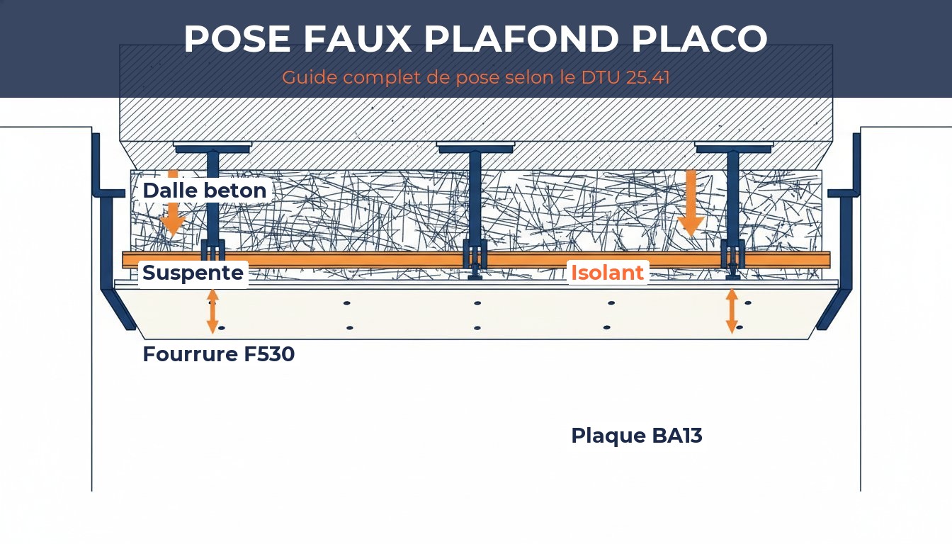 Pose faux plafond placo - coupe technique de l'ossature suspendue avec suspentes fourrures et plaque BA13