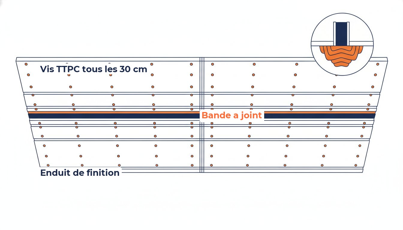Pose faux plafond placo - schéma vissage et joints entre plaques de plâtre