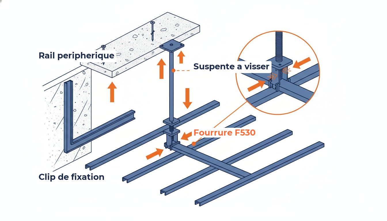 Pose faux plafond placo - détail ossature métallique suspente fourrure rail périphérique