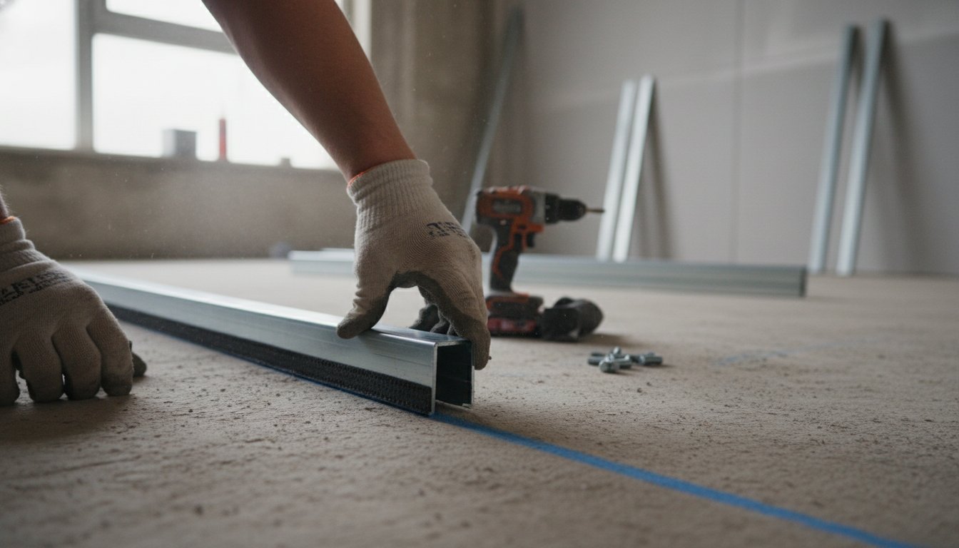 Rail placo pose - fixation du rail au sol sur chantier avec bande résiliente