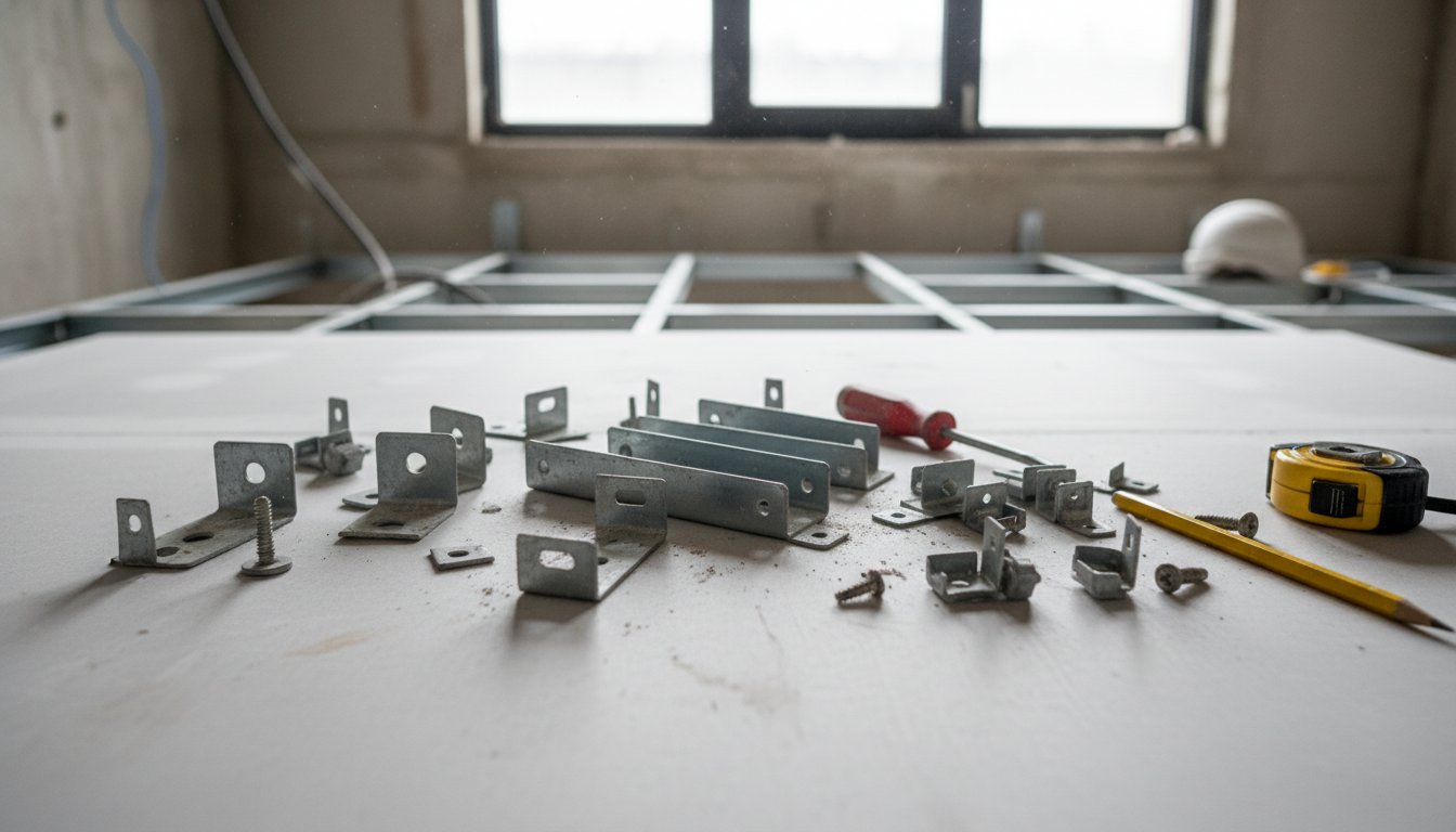 Suspente plafond placo - accessoires de fixation F530 et fourrures sur chantier