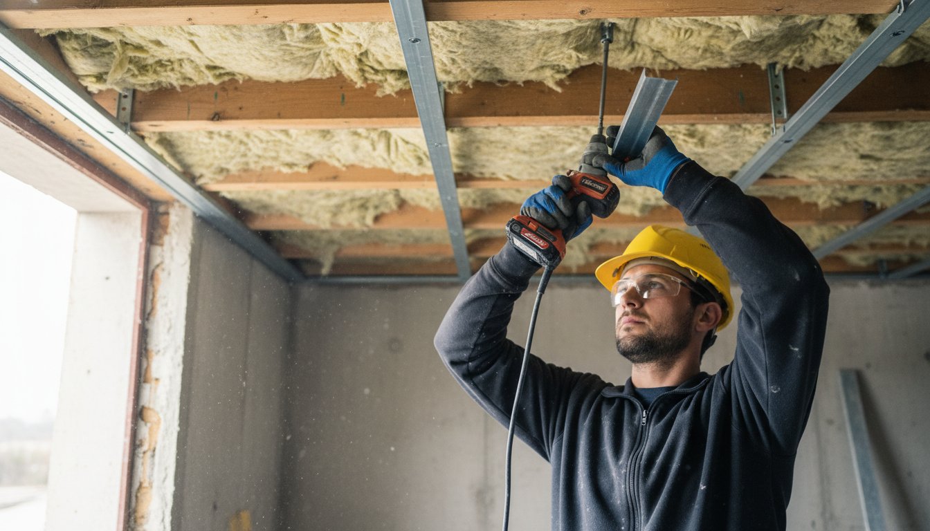 Suspente plafond placo - pose d'une fourrure sur suspente sous solivage bois