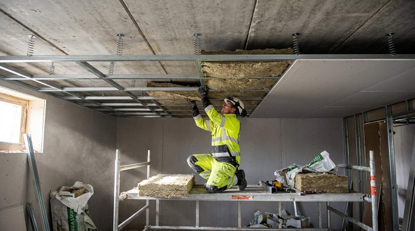 Bruit impact plafond solution - pose de laine de roche dans un faux plafond acoustique