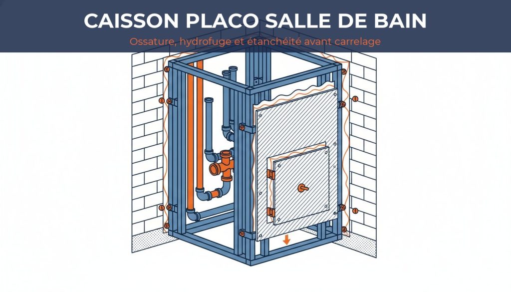 Caisson placo salle de bain - coupe de principe d un coffrage hydrofuge avec ossature, trappe et carrelage