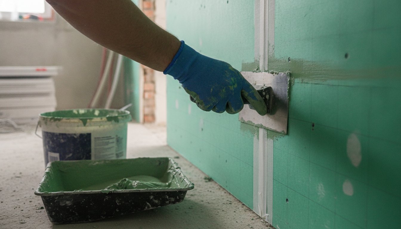 Enduit hydrofuge placo - application de l'enduit vert au couteau sur une plaque hydrofuge
