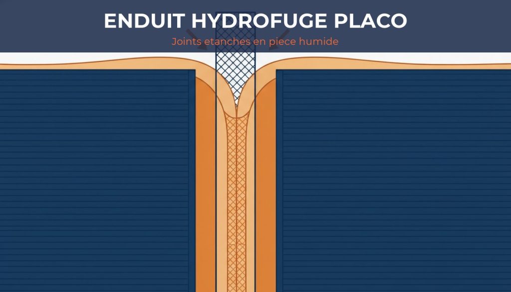 Enduit hydrofuge placo - coupe d'un joint étanche entre deux plaques hydrofuges en pièce humide