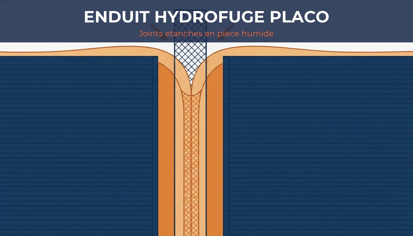 Enduit hydrofuge placo - coupe d'un joint étanche entre deux plaques hydrofuges en pièce humide
