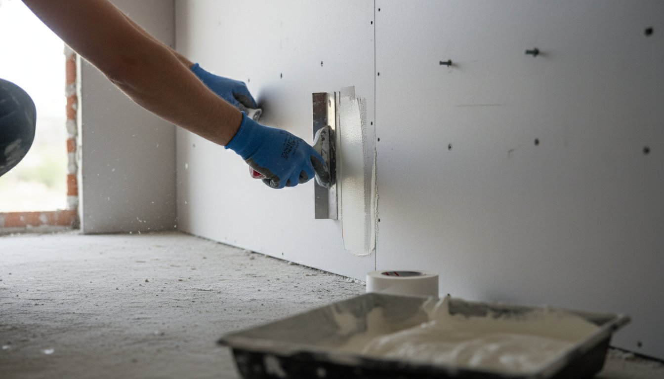 Enduit joint placo - plaquiste lissant un joint vertical au couteau large sur une cloison