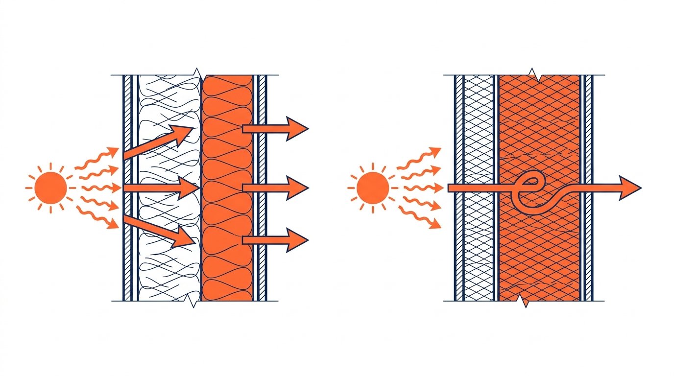 Laine de roche vs laine de verre isolation - schéma du déphasage thermique selon la densité