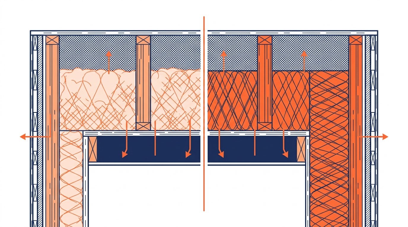Laine de roche vs laine de verre isolation - coupe comparative des deux isolants dans un mur