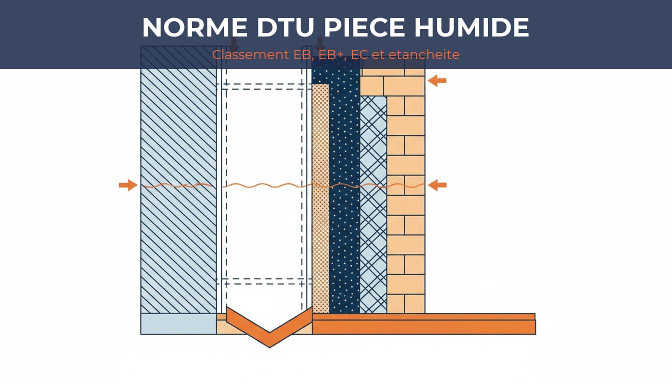 Norme DTU pièce humide - coupe de mur de salle de bain avec placo hydrofuge et étanchéité sous carrelage