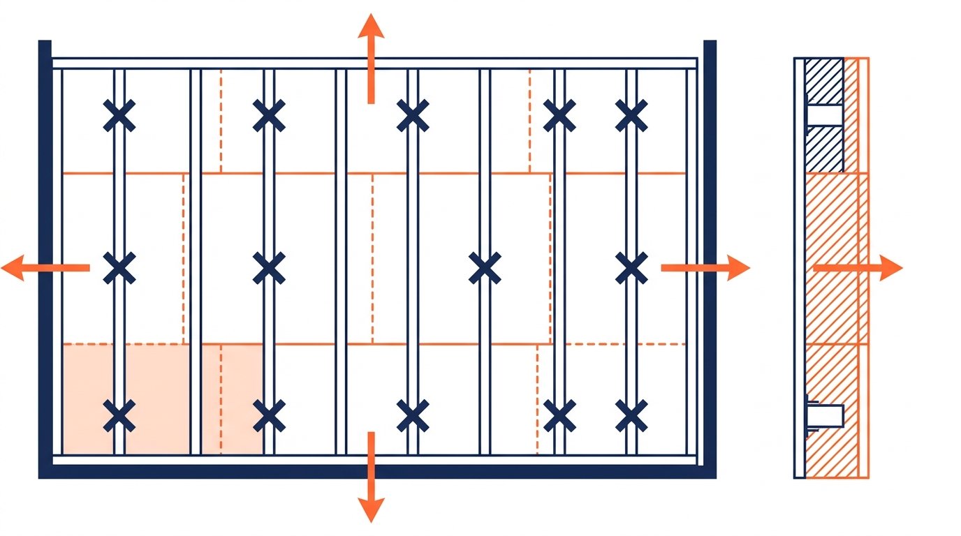 Pose placo plafond - vue en plan de l'ossature fourrures et suspentes en quinconce
