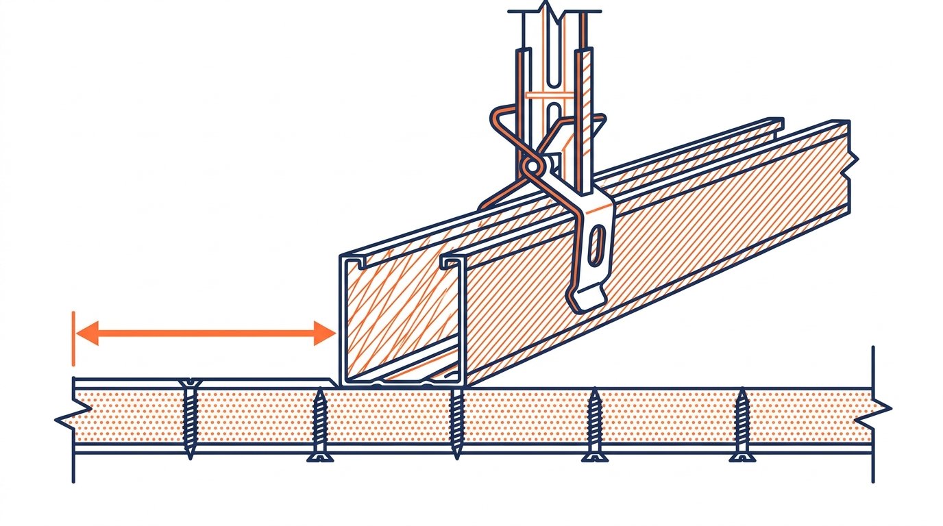 Pose placo plafond - détail fourrure clipsée sur suspente et vissage de la plaque