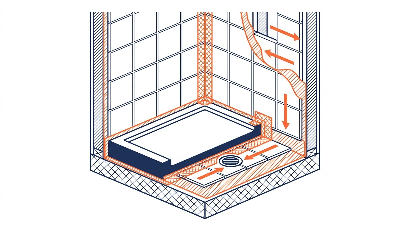 SPEC sous carrelage - zones d'application sur les murs et le sol d'une douche