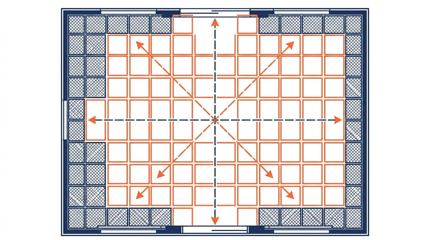 Calepinage carrelage - plan de pose avec axes centrés et grille de carreaux