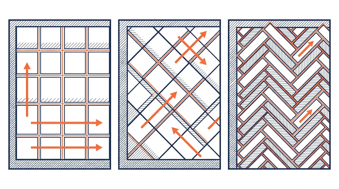 Calepinage carrelage - comparaison pose droite, diagonale et chevron