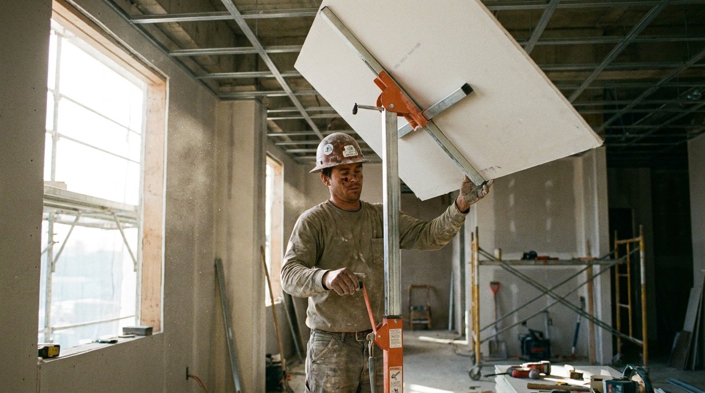 Comment poser placo seul - poseur installant une plaque au plafond avec un lève-plaque
