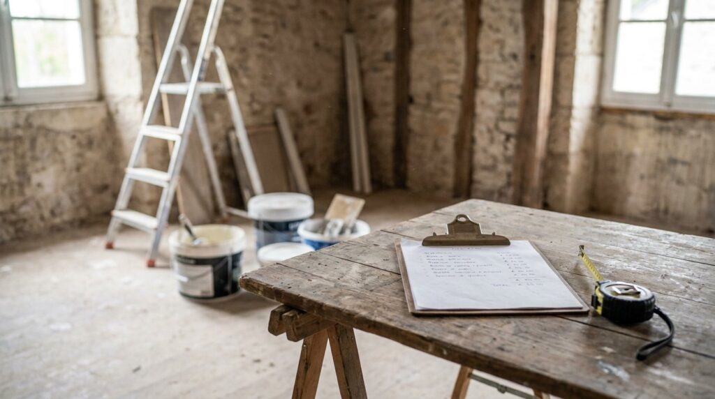 Devis renovation maison exemple - devis papier et outils sur un chantier
