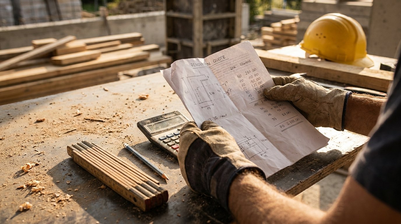 Devis rénovation maison exemple - mains tenant un devis détaillé avec calculatrice