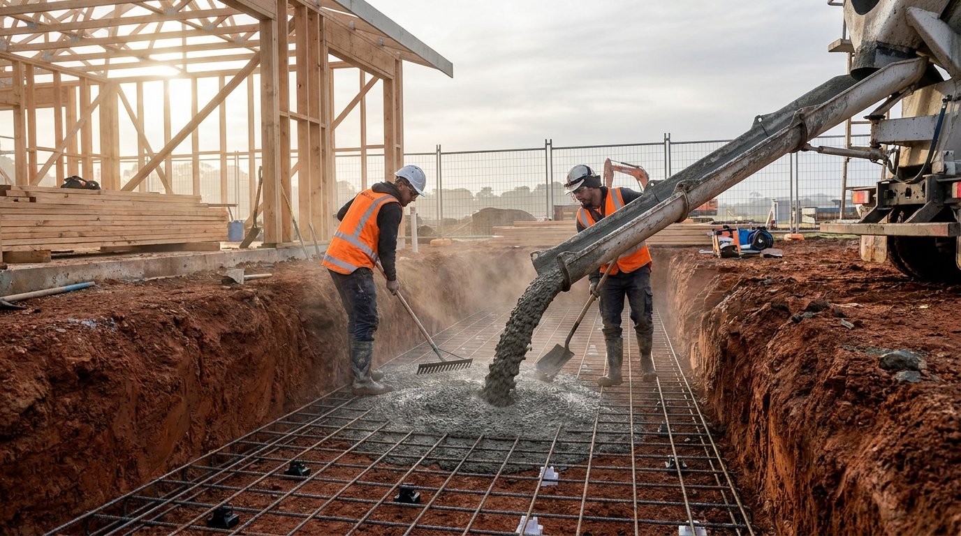 Fondation béton maison - ferraillage et coulage du béton dans une fouille