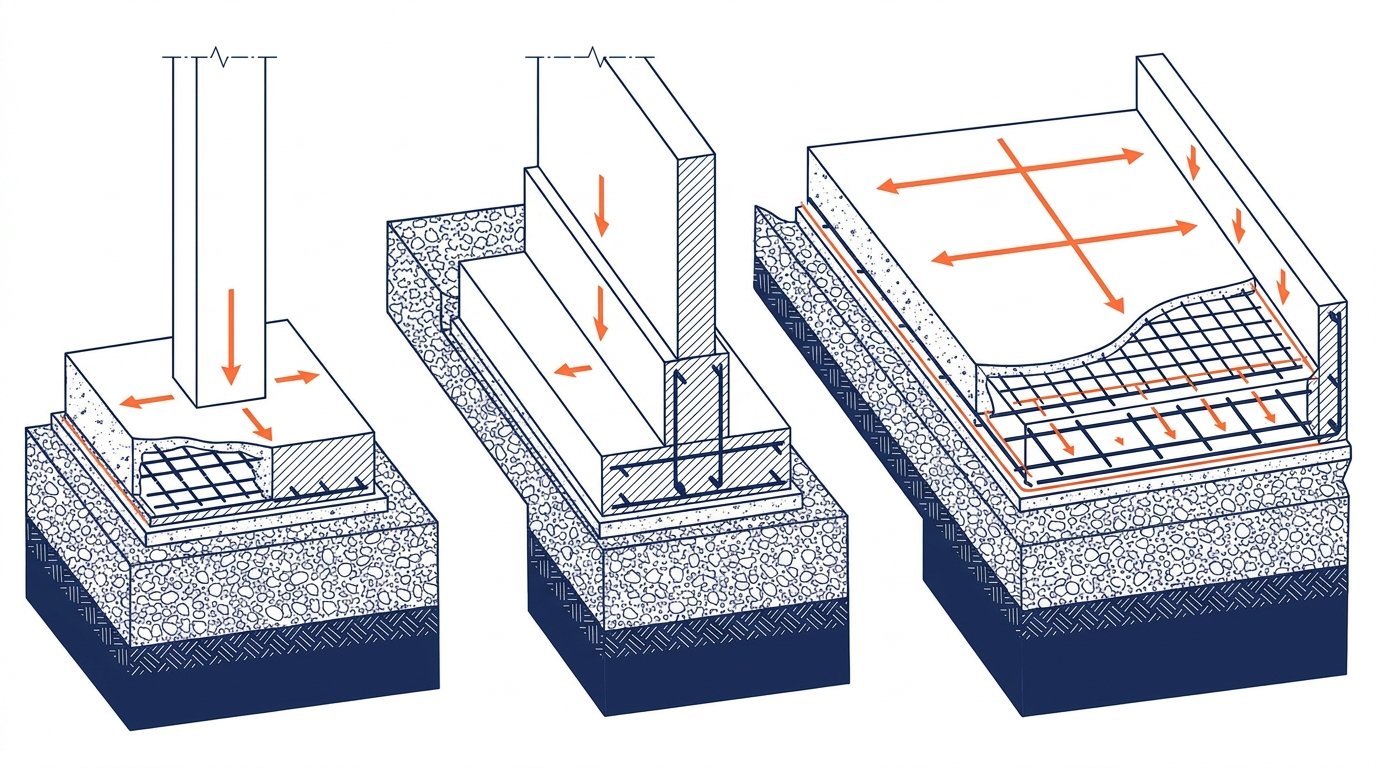 Fondation béton maison - comparaison semelle isolée, semelle filante et radier